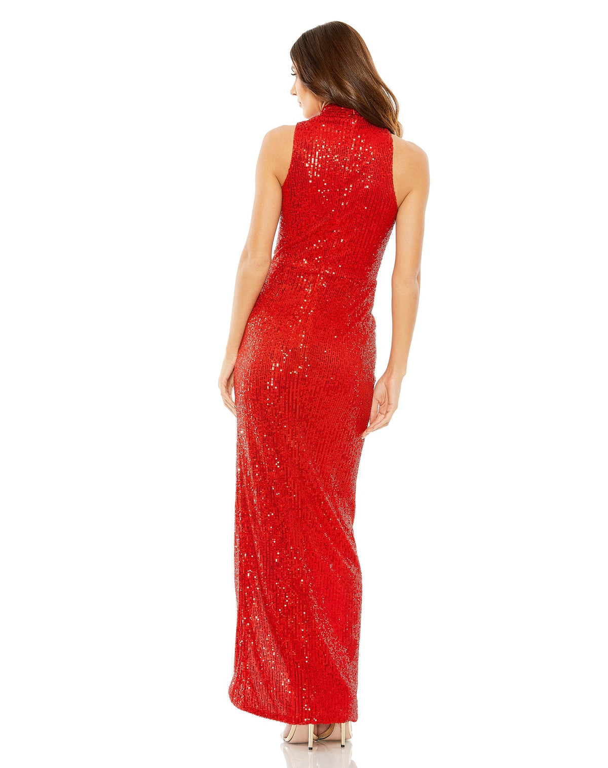 mac duggal SLEEVELESS HIGH NECK GATHERED WAIST SEQUIN GOWN - RED holiday shop