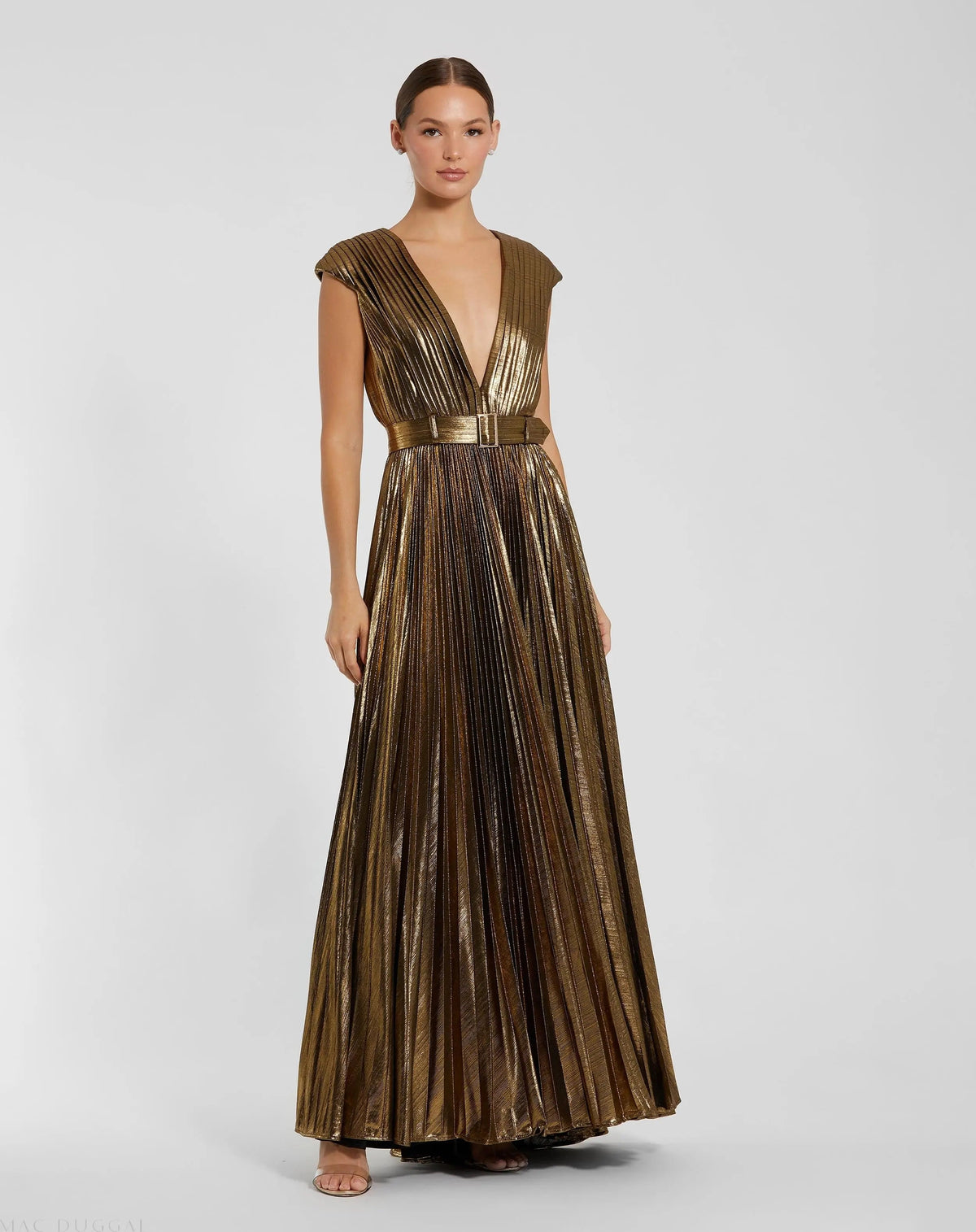 Mac Duggal 27215 Bronze pleated metallic jersey gown with belt - Front