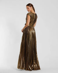 Mac Duggal 27215 Bronze pleated metallic jersey gown with belt - Back view