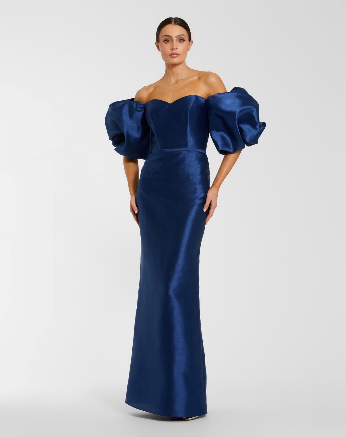Mac Duggal #27276 blue off the shoulder puff sleeve satin evening gown