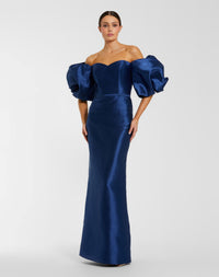 Mac Duggal #27276 blue off the shoulder puff sleeve satin evening gown