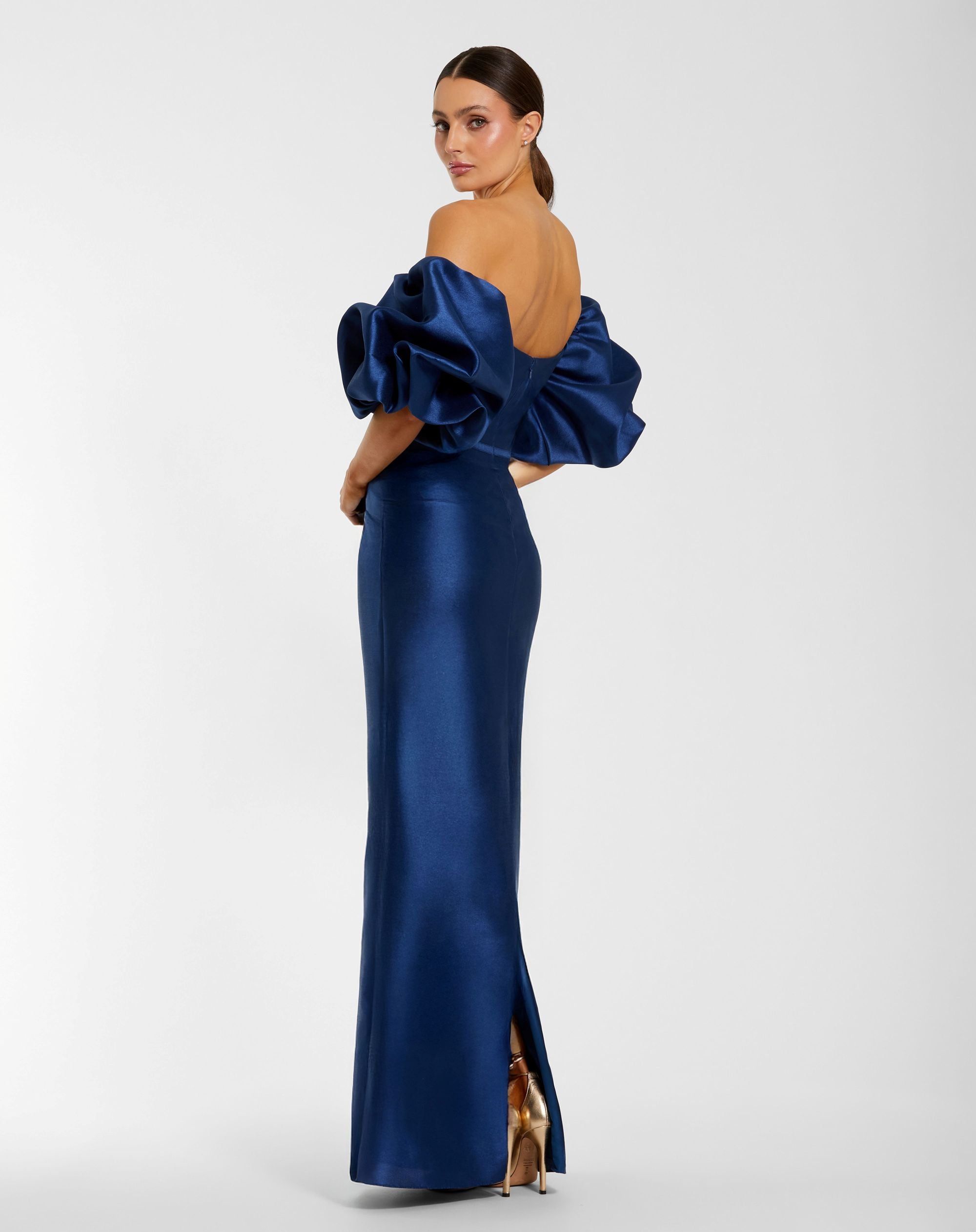Mac Duggal #27276 blue satin column gown back view