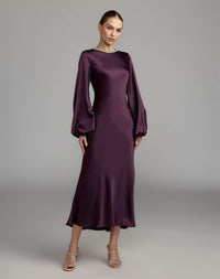 Mac Duggal 27350 Eggplant high neck long sleeve crystal detail dress - front