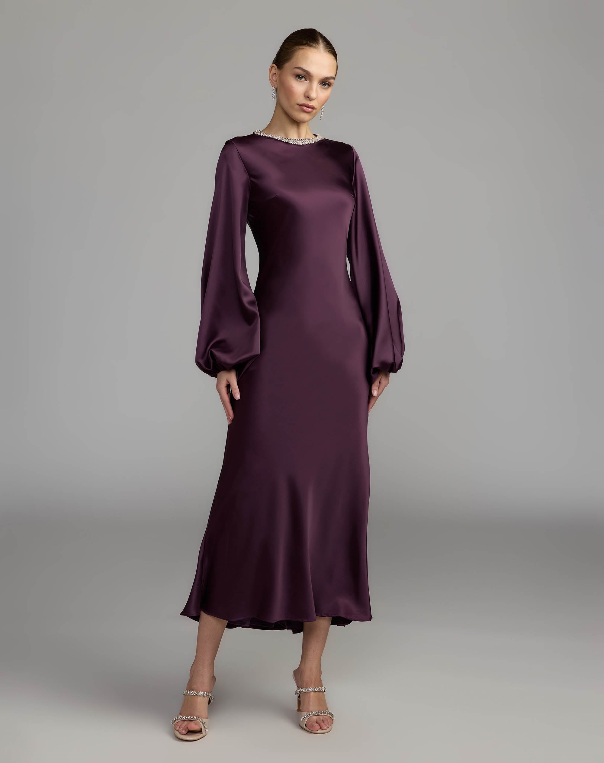 Mac Duggal 27350 Eggplant high neck long sleeve crystal detail dress - front