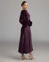 Mac Duggal 27350 Eggplant high neck long sleeve crystal detail dress - back