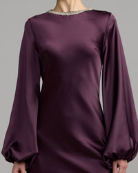Mac Duggal 27350 Eggplant high neck long sleeve crystal detail dress - detail