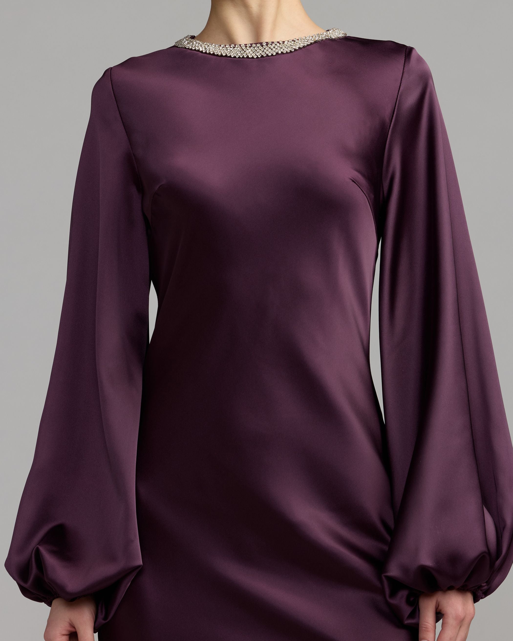 Mac Duggal 27350 Eggplant high neck long sleeve crystal detail dress - detail