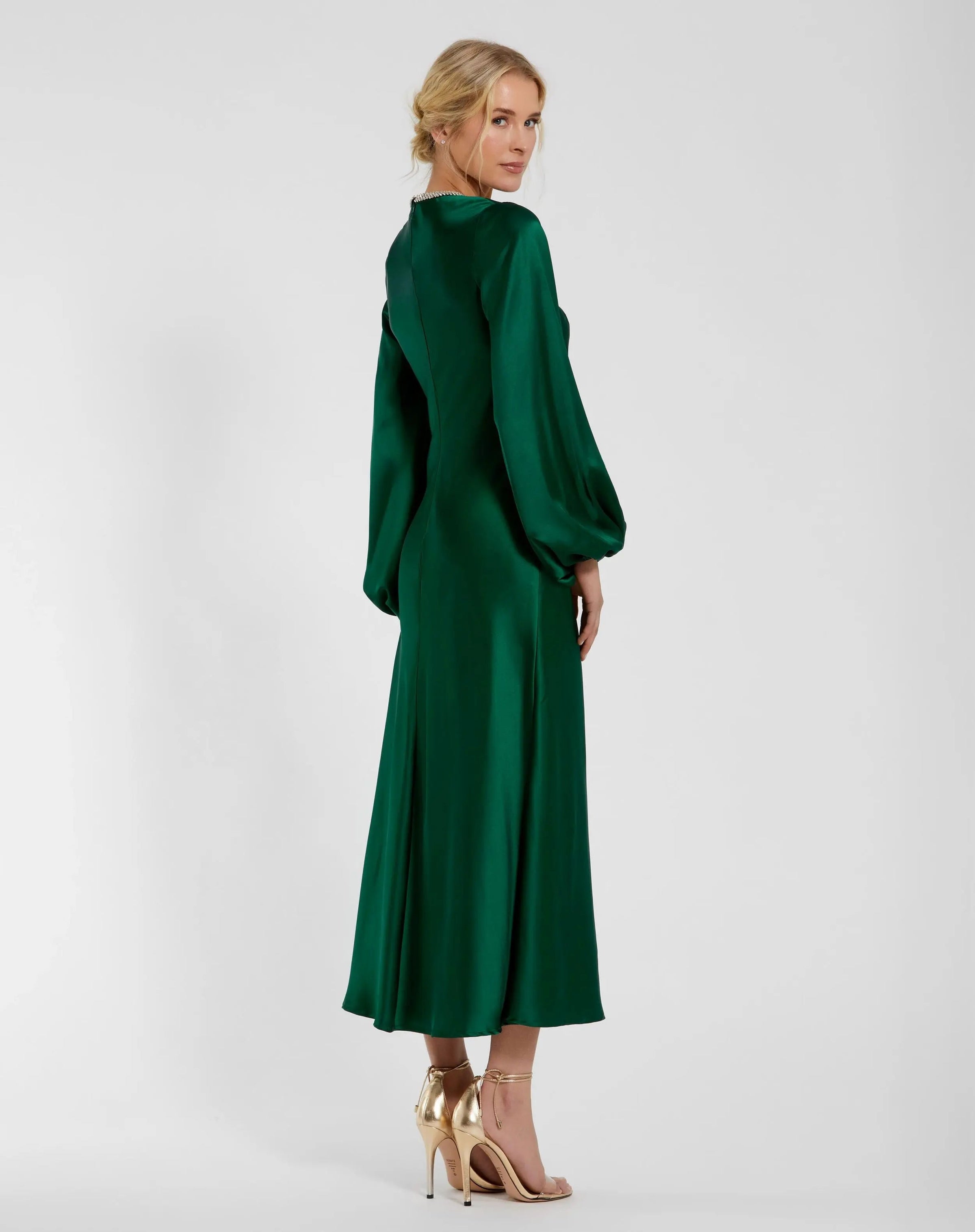 Green High Neck Long Sleeve Crystal Detail Dress - Back
