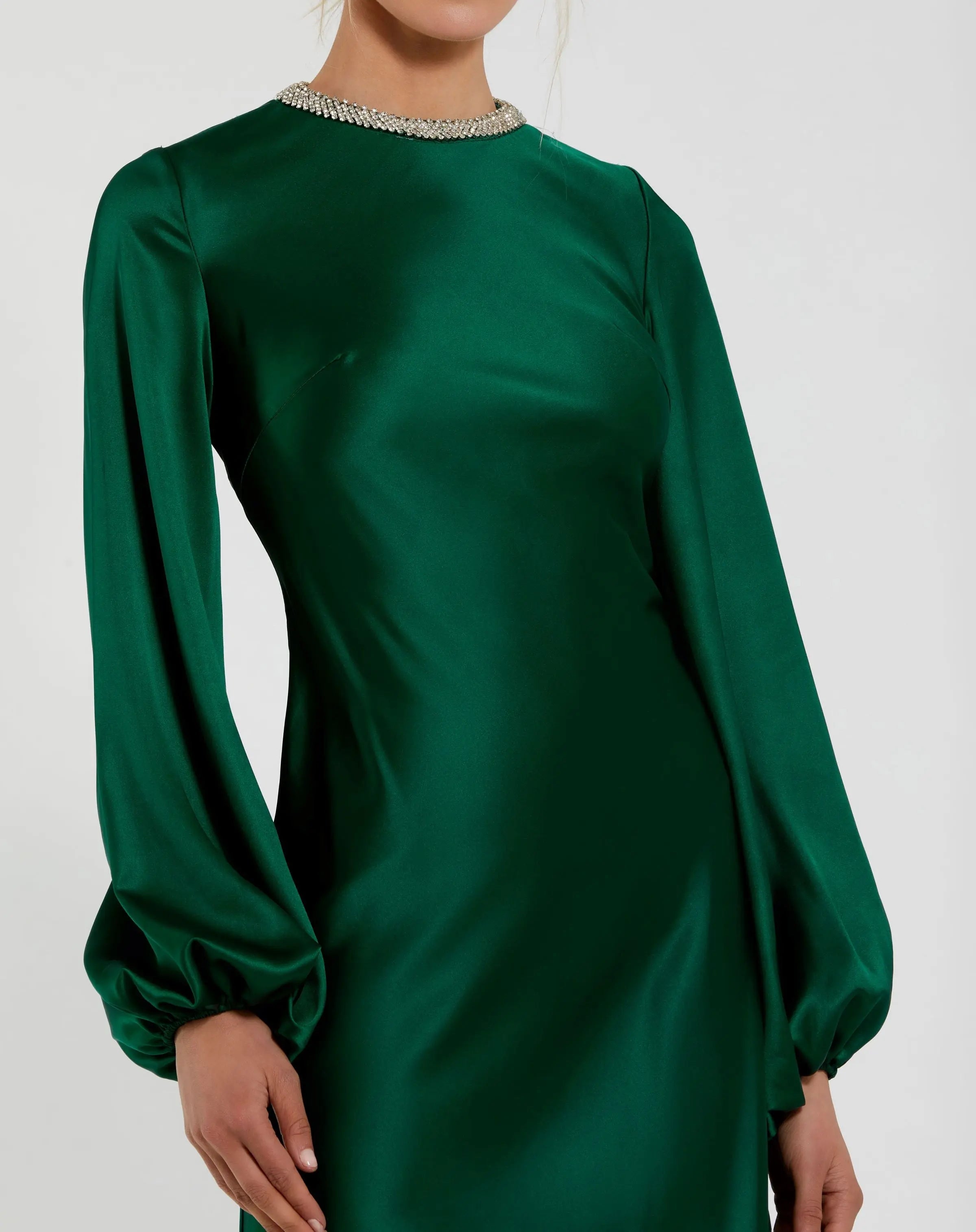 Green High Neck Long Sleeve Crystal Detail Dress - Close Up