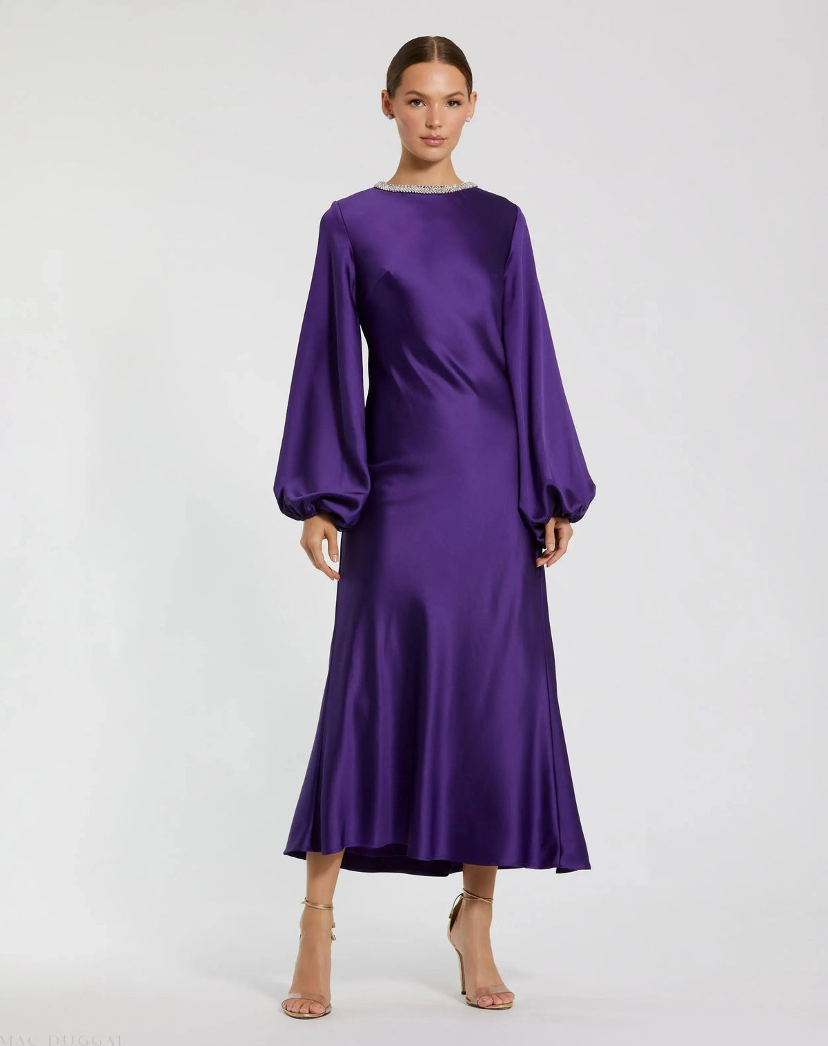 Mac Duggal #27350 royal purple high neck long sleeve crystal detail dress