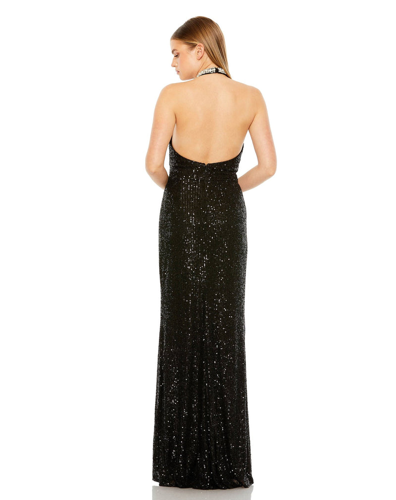 HALTER KEYHOLE SEQUIN GOWN back view