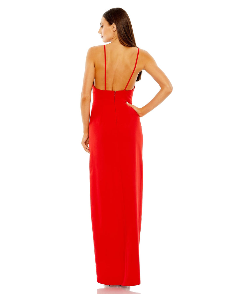 Thin strap cut-out high slit V neck gown - Red