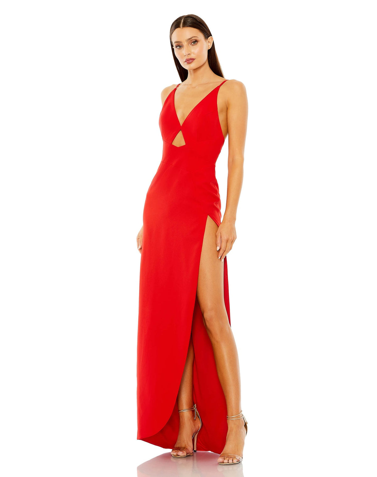 Thin strap cut-out high slit V neck gown - Red