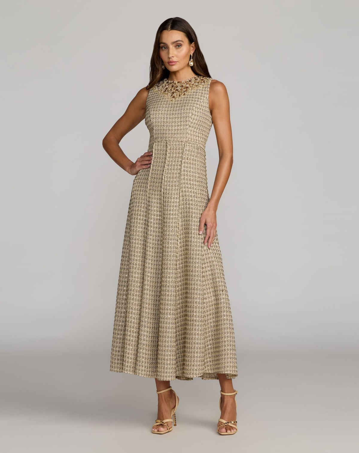Mac Duggal #27476 nude gold embellished boucle sleeveless a-line dress