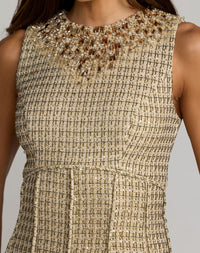 Mac Duggal #27476 nude gold embellished boucle sleeveless a-line dress close-up
