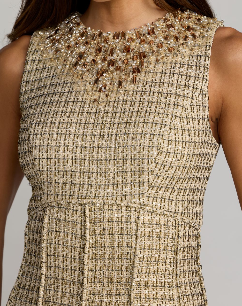 Mac Duggal #27476 nude gold embellished boucle sleeveless a-line dress close-up