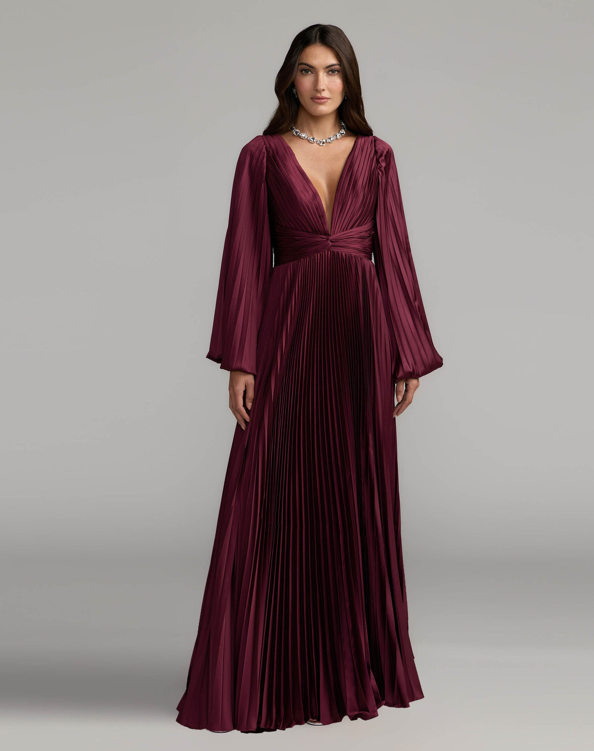 Mac Duggal #27526 wine pleated satin long sleeve gown