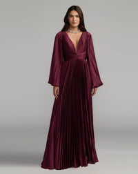 Mac Duggal #27526 wine pleated satin long sleeve gown