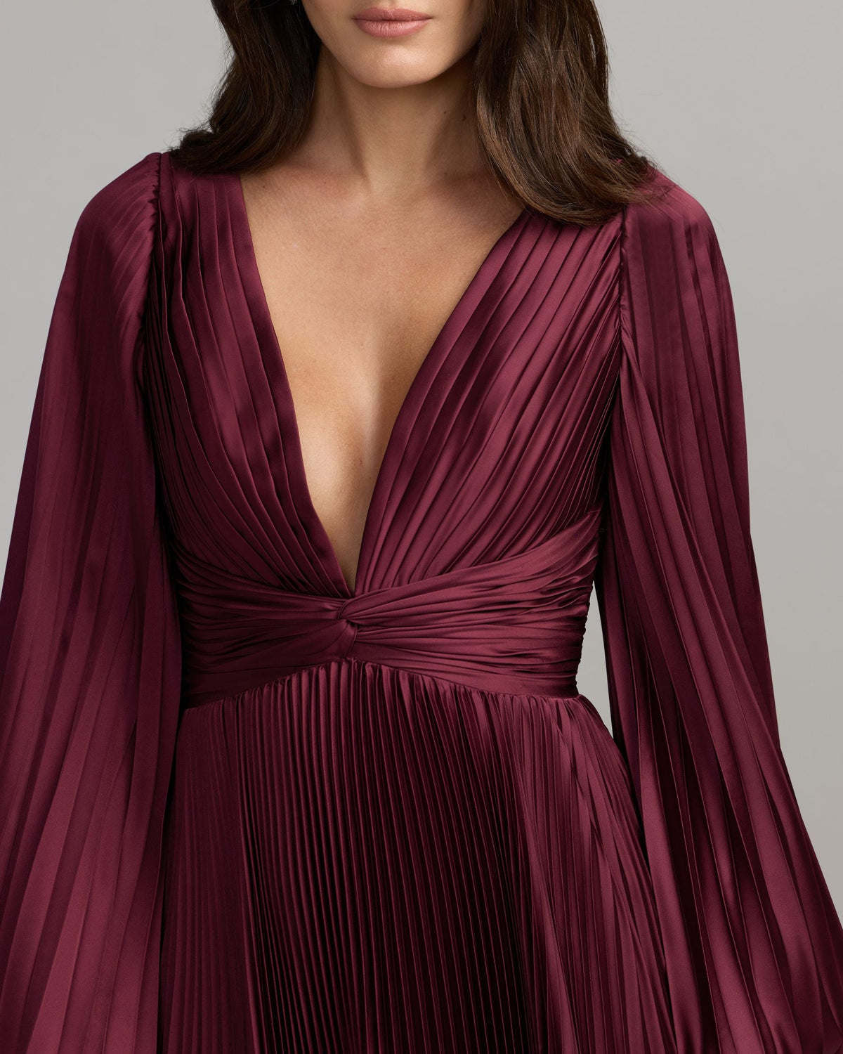 Mac Duggal #27526 wine satin knot waist close-up