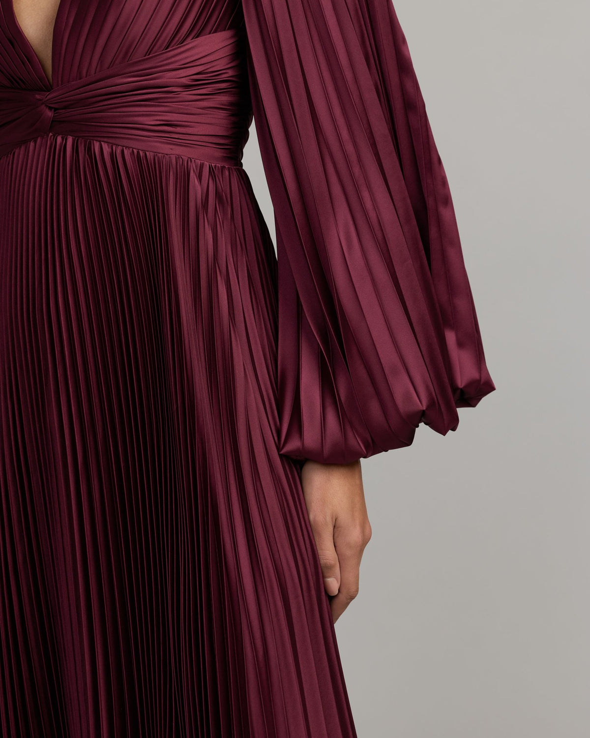 Mac Duggal #27526 wine pleated bishop sleeve detail