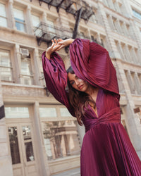 Mac Duggal #27526 wine pleated satin gown for weddings