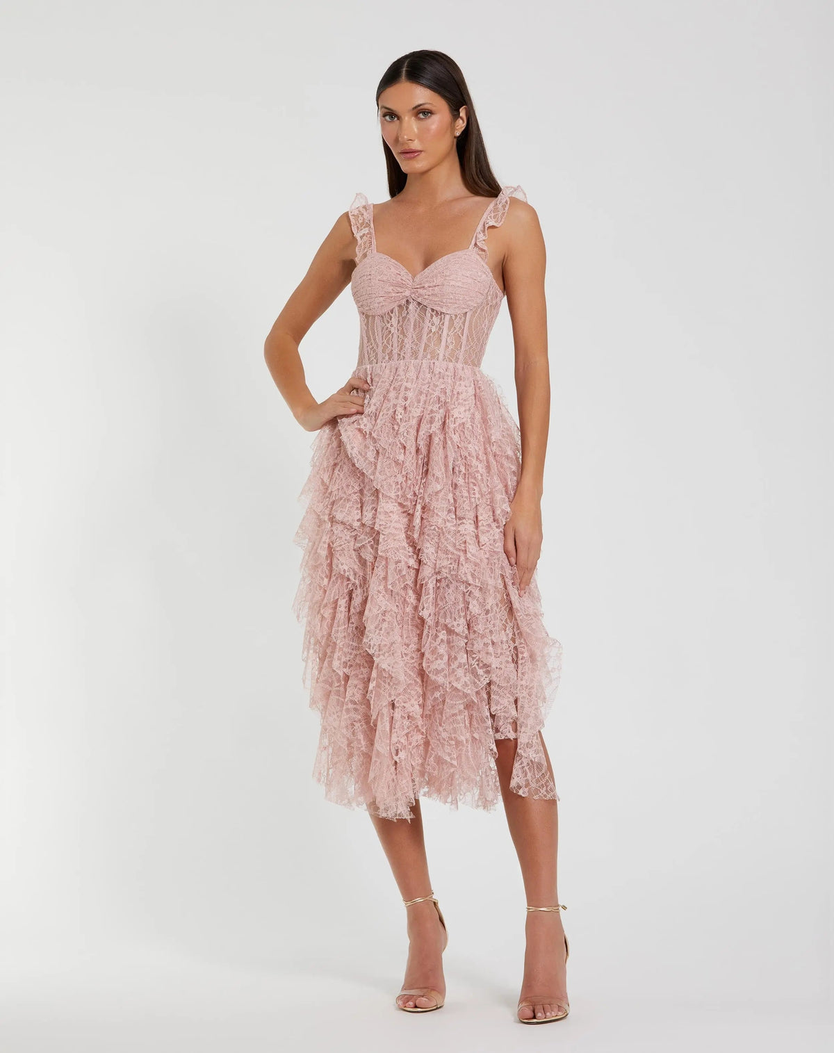 Mac Duggal 27529 Blush lace tiered ruffle midi dress - Front