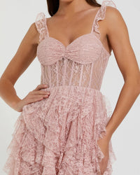 Mac Duggal 27529 Blush lace tiered ruffle midi dress - Close up detail
