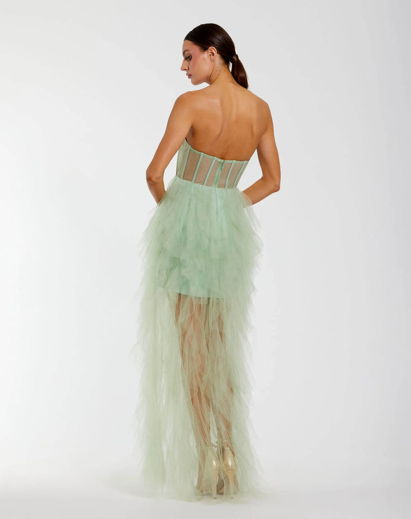 Strapless Bustier Net Gown With Spiral Ruffles - Sage Green