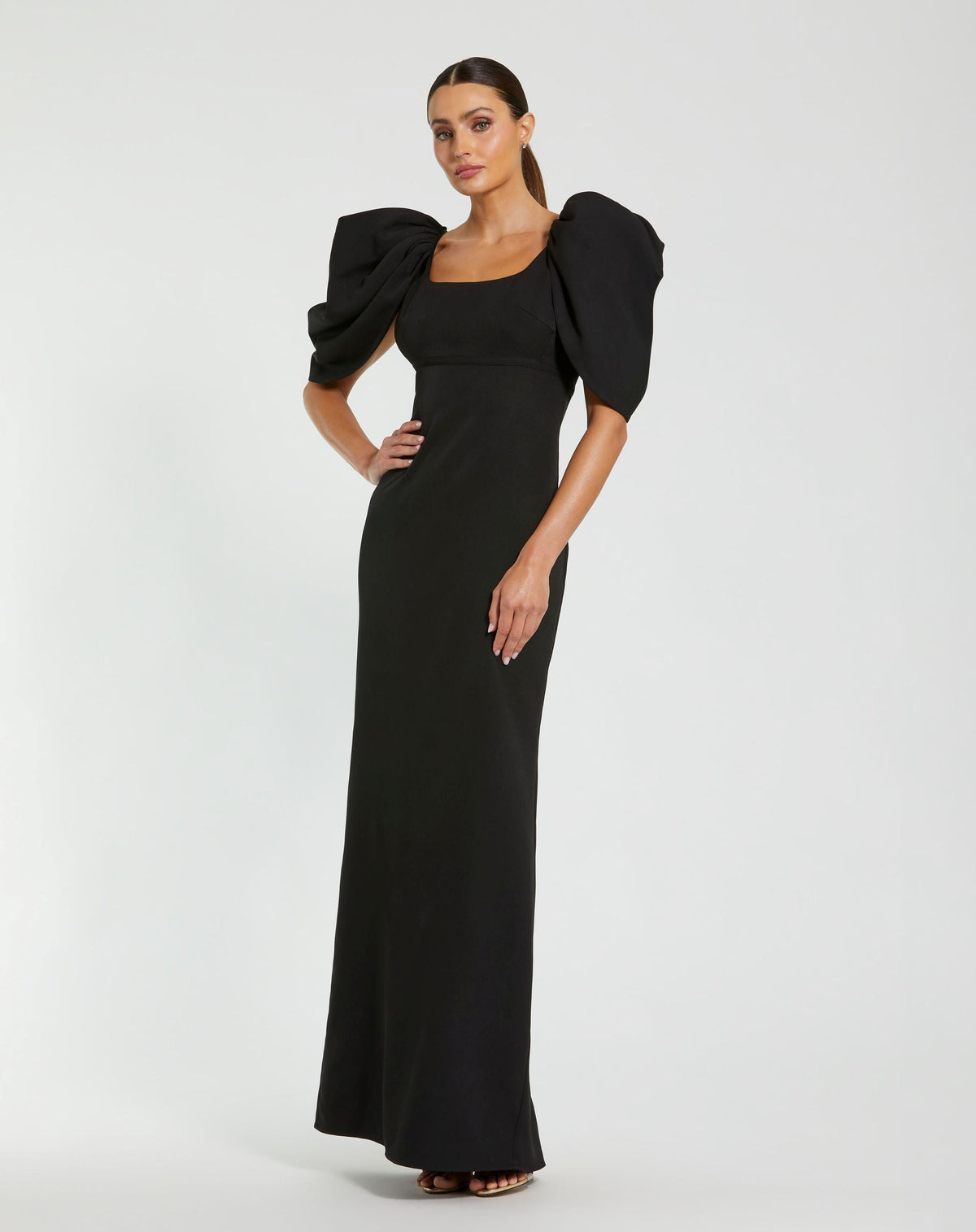 Mac Duggal #27534 black crepe square neck gown with puff sleeves