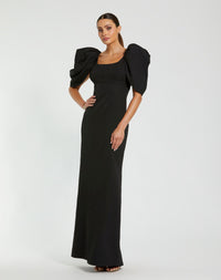 Mac Duggal #27534 black crepe square neck gown with puff sleeves