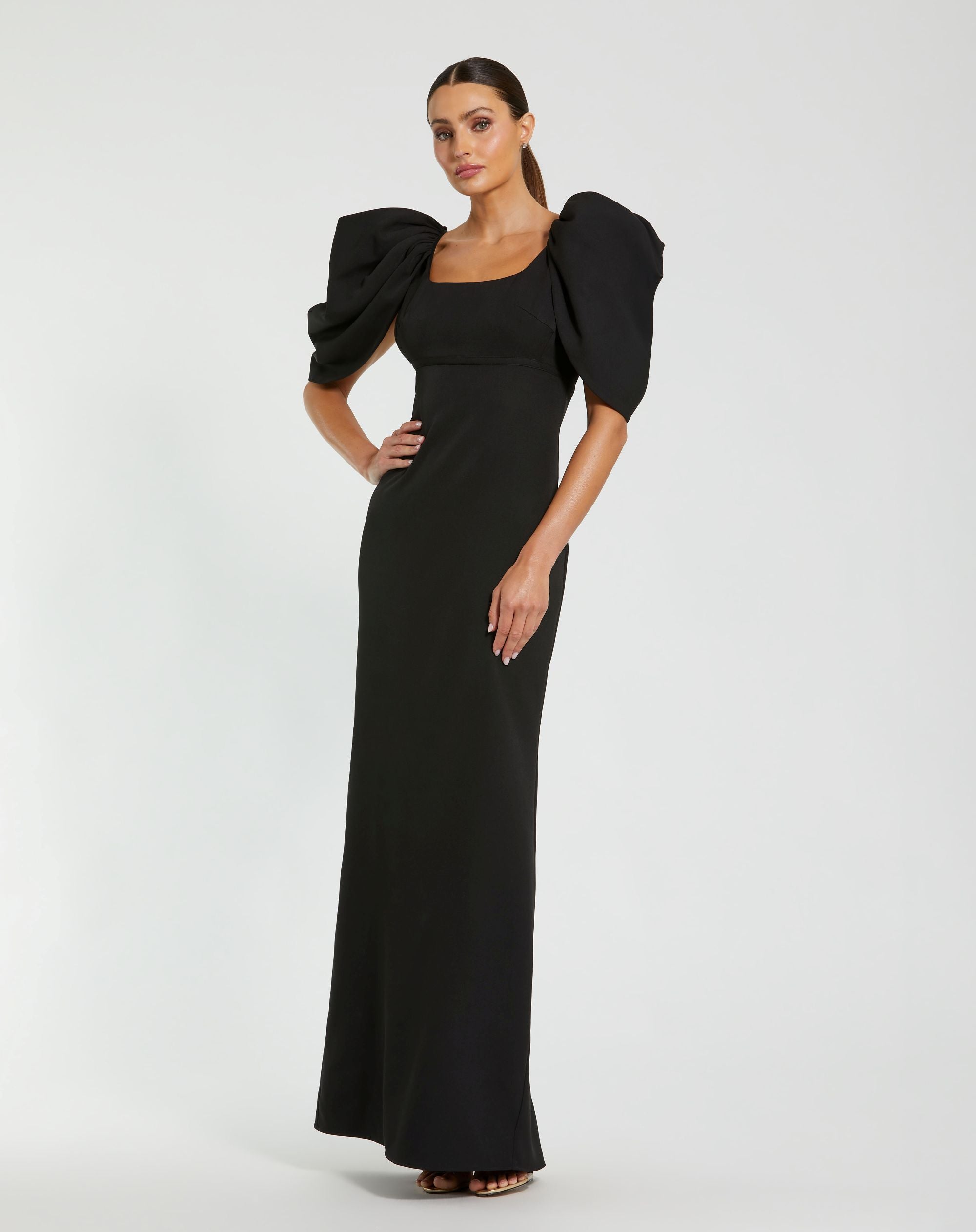 Mac Duggal #27534 black crepe square neck gown with puff sleeves