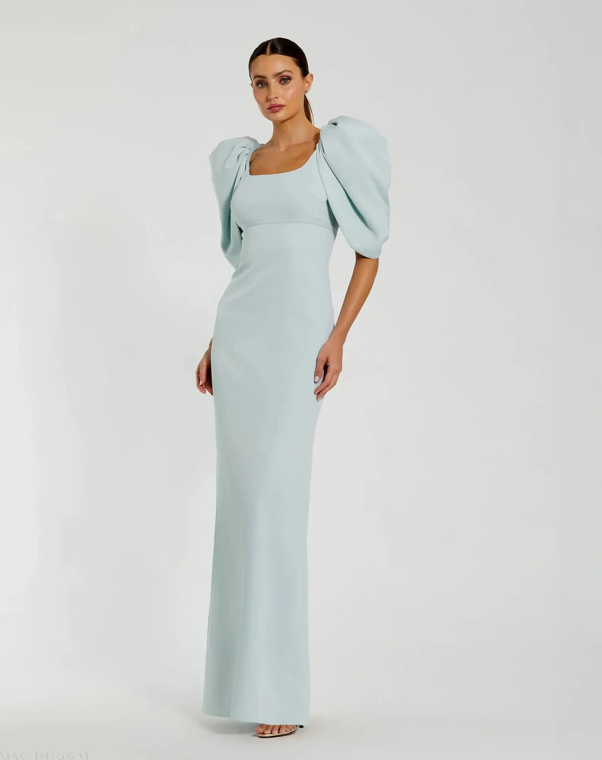 Mac Duggal Blue Fitted Crepe Square Neck Gown With Puff Sleeves Powder Blue #27534