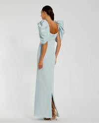 Mac Duggal Blue Fitted Crepe Square Neck Gown With Puff Sleeves Powder Blue #27534