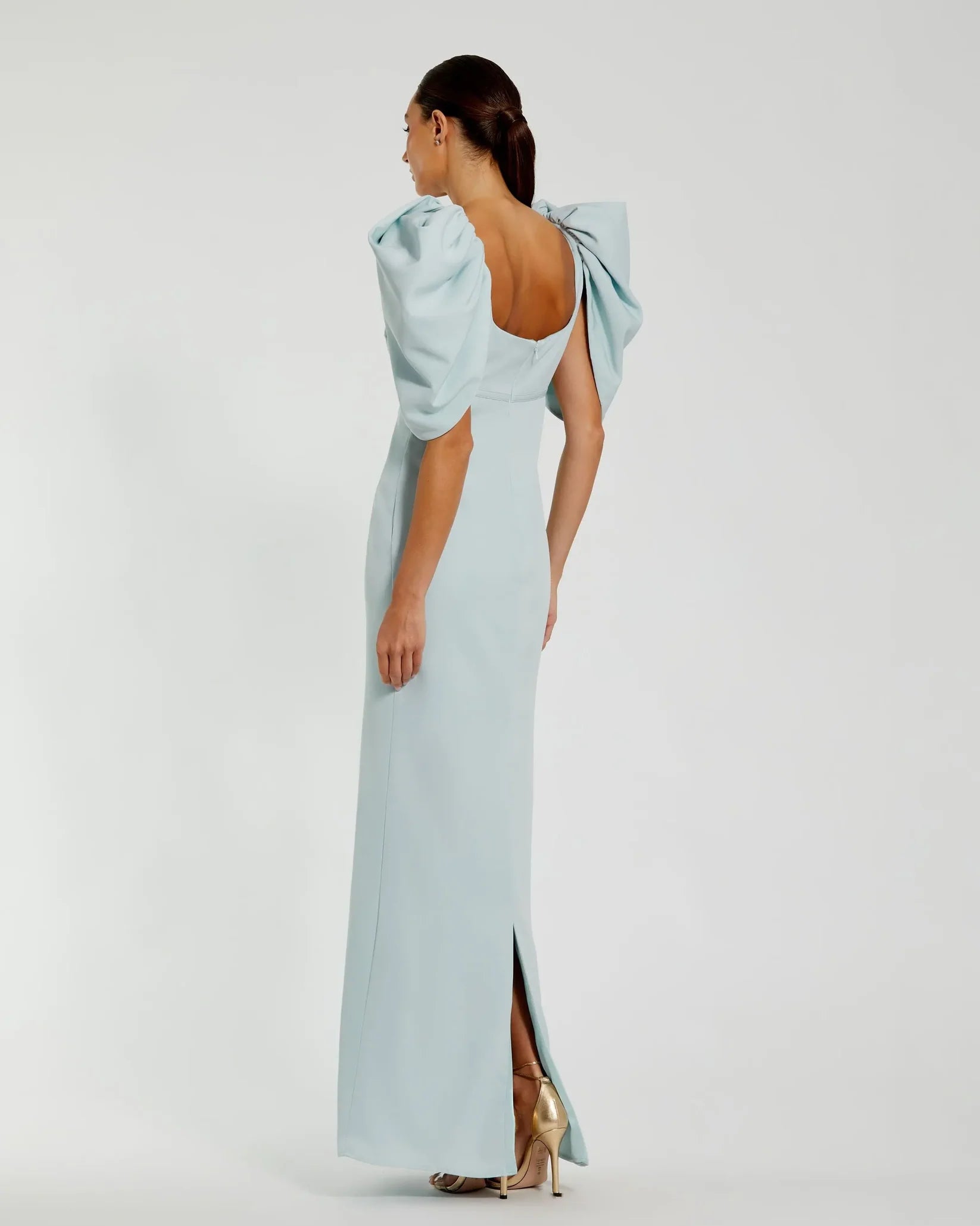 Mac Duggal Blue Fitted Crepe Square Neck Gown With Puff Sleeves Powder Blue #27534