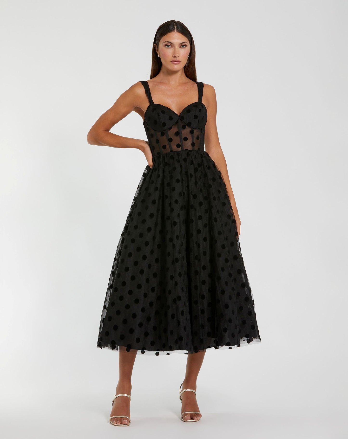 Mac Duggal #27539 Polka Dot Bustier A Line Midi Dress Black 10