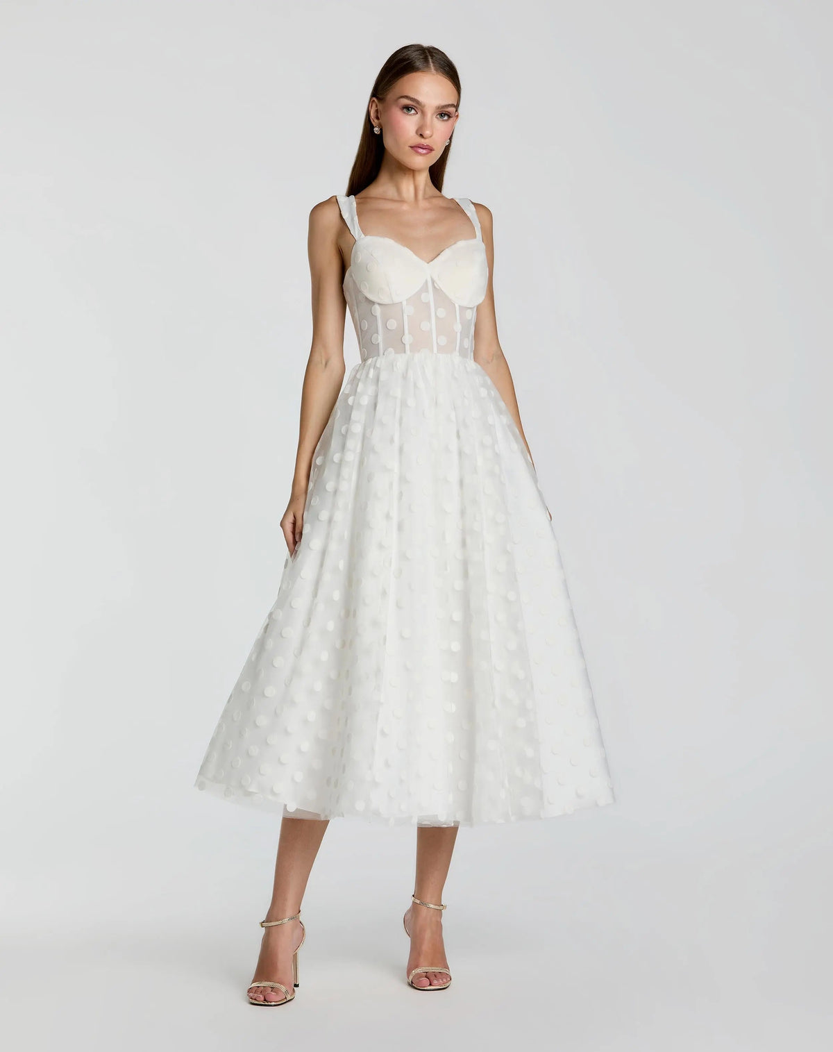 Mac Duggal #27539 ivory polka dot tulle a-line midi dress