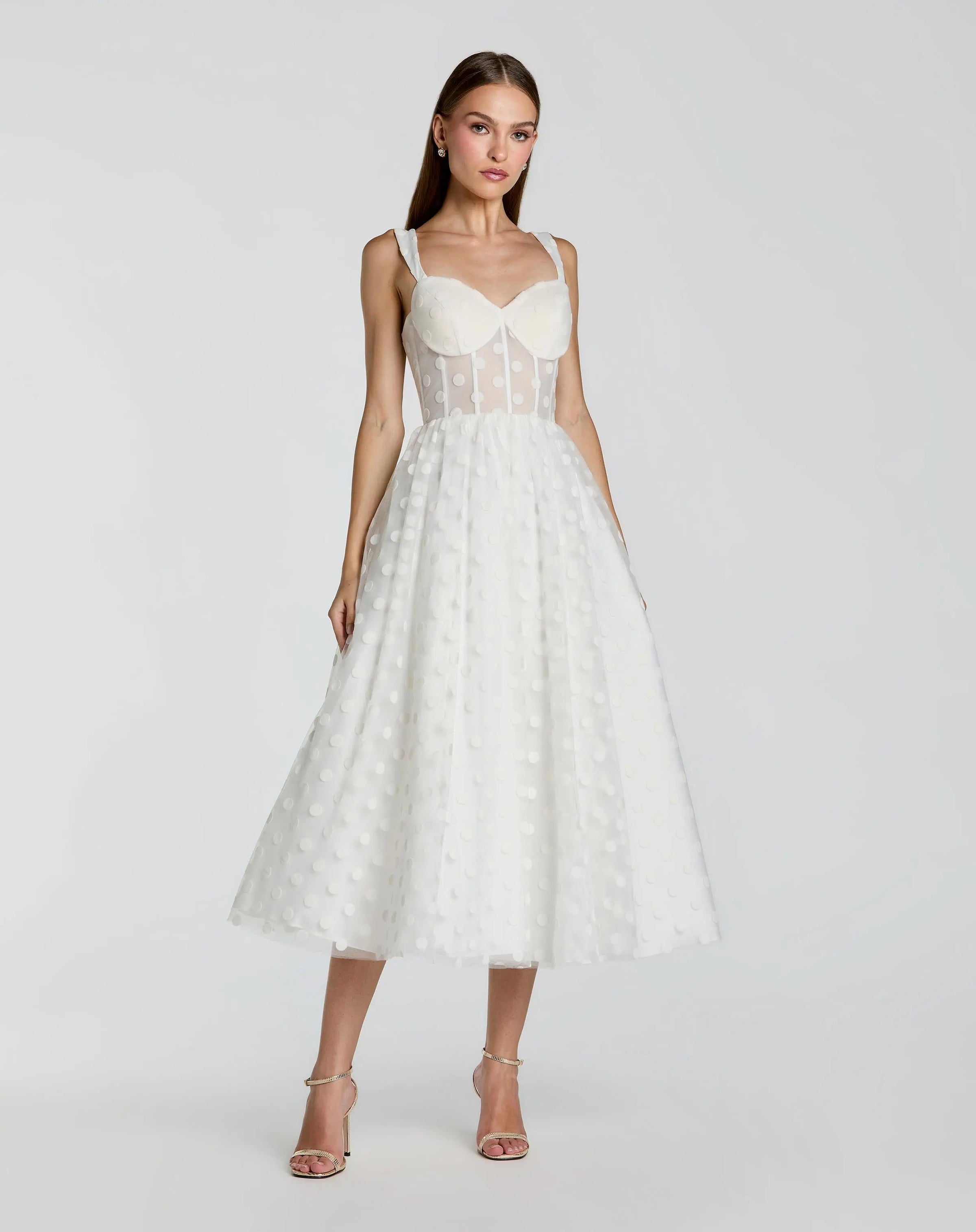 Mac Duggal #27539 ivory polka dot tulle a-line midi dress
