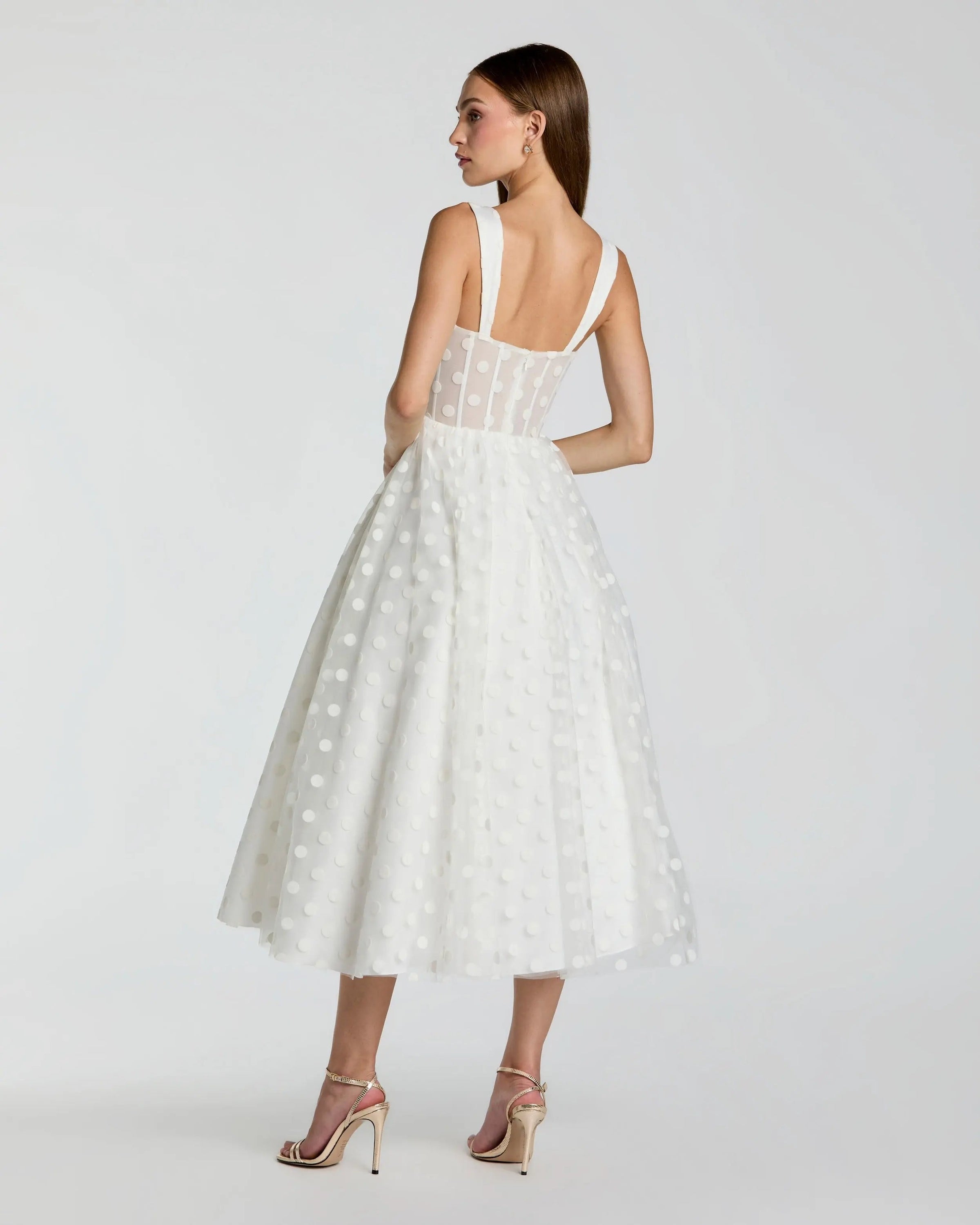 Mac Duggal #27539 ivory polka dot tulle a-line midi dress