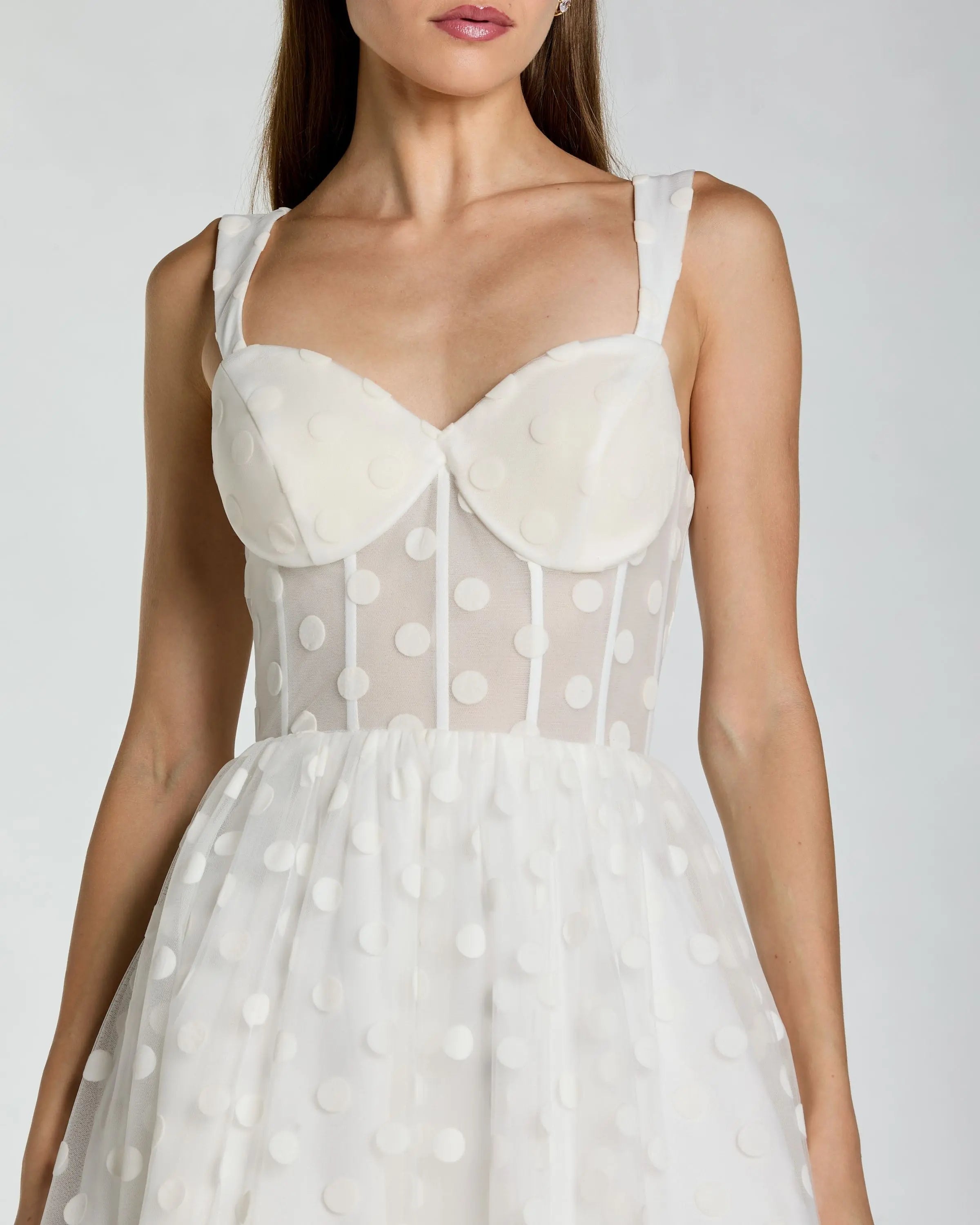 Mac Duggal #27539 ivory polka dot tulle a-line midi dress