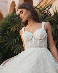 Mac Duggal #27539 ivory polka dot tulle a-line midi dress