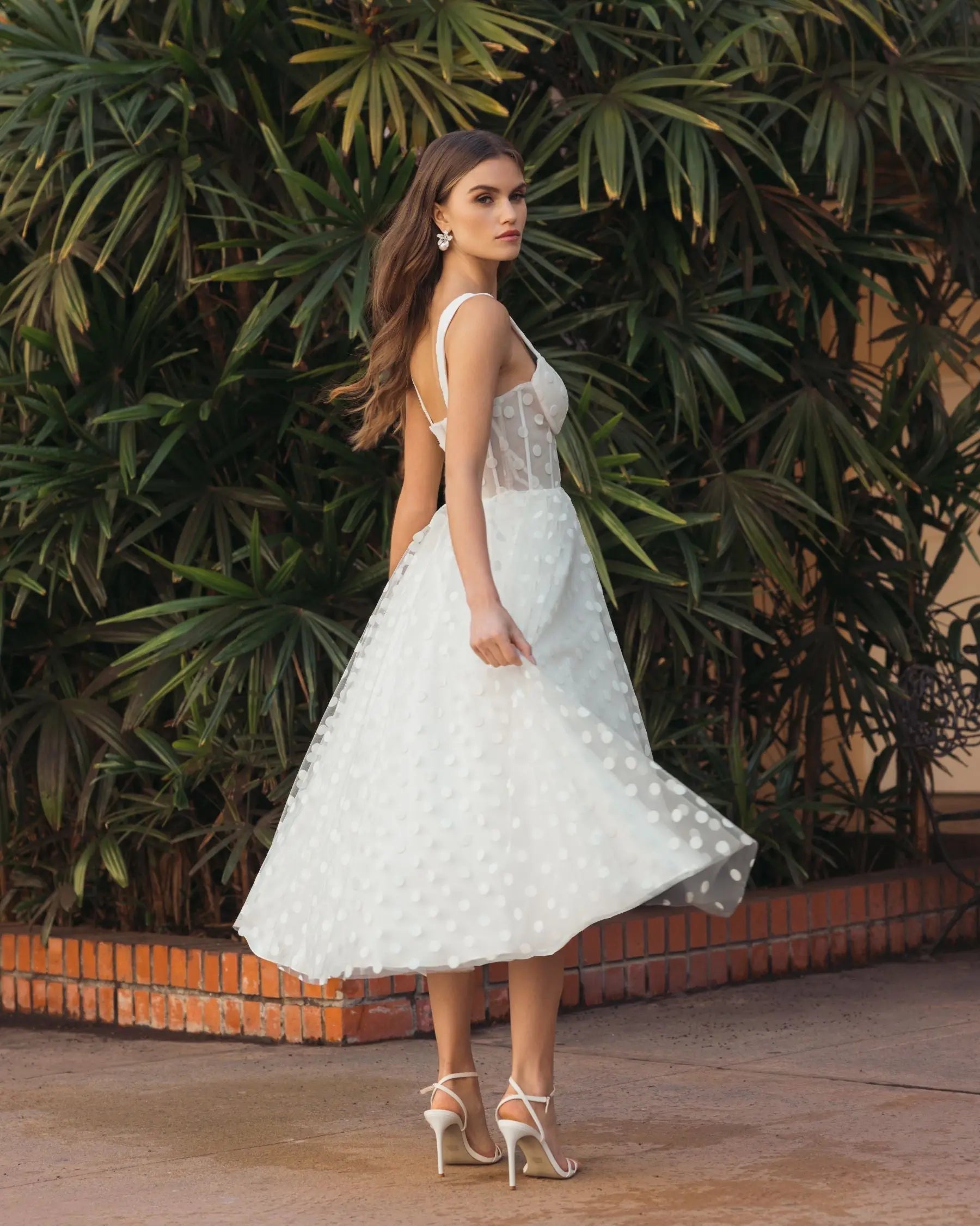 Mac Duggal #27539 ivory polka dot tulle a-line midi dress