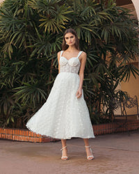 Mac Duggal #27539 ivory polka dot tulle a-line midi dress