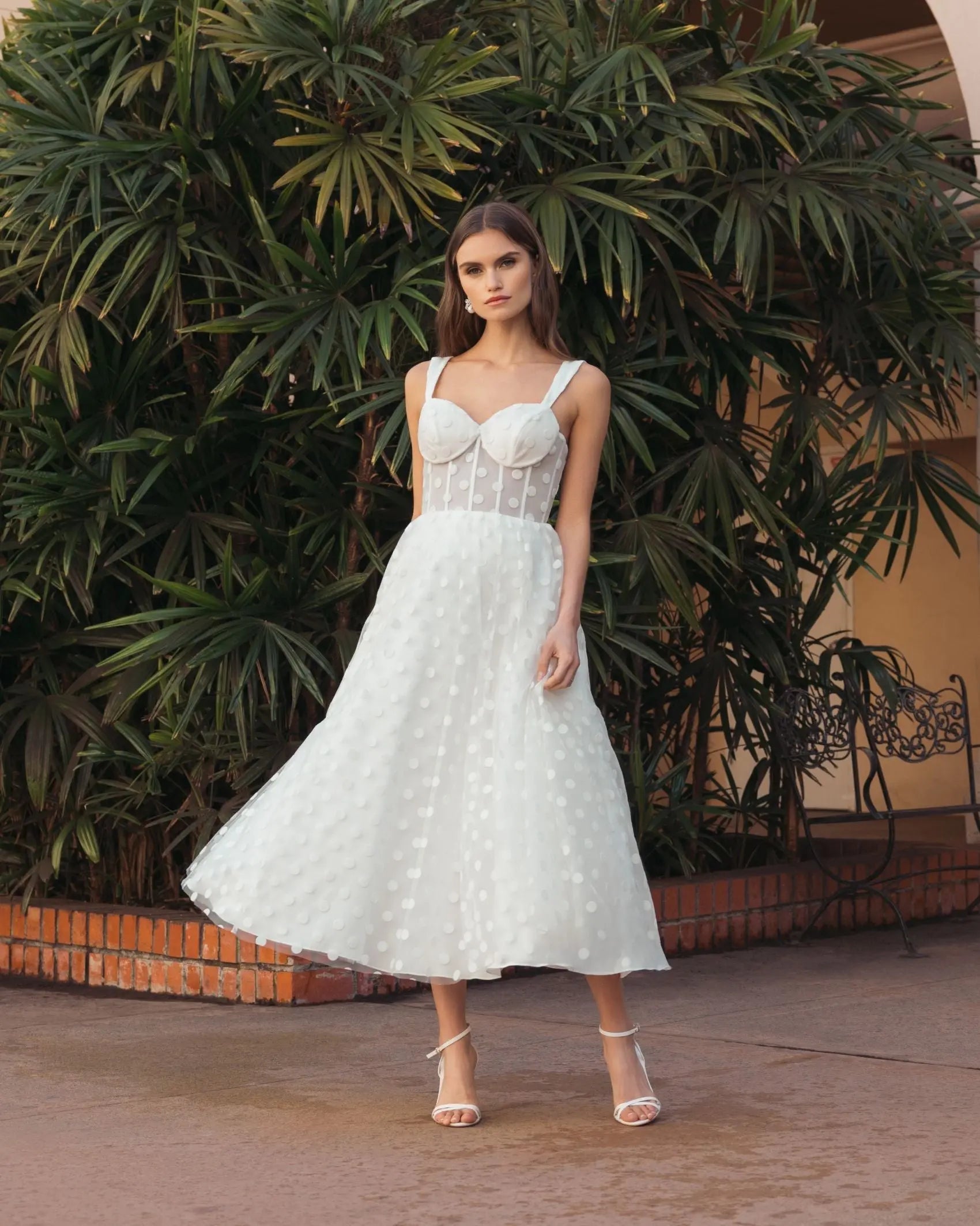 Mac Duggal #27539 ivory polka dot tulle a-line midi dress