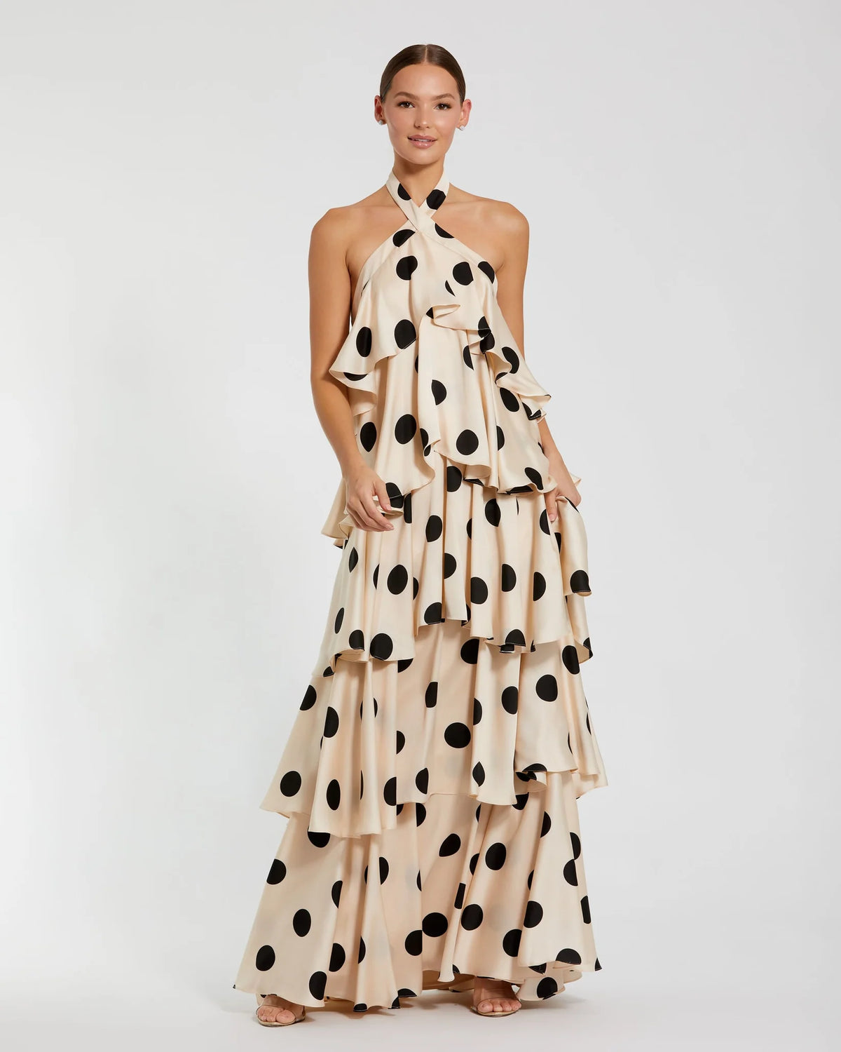 Mac Duggal #27540 Beige Tiered Ruffle Polka Dot Charmeuse Gown - Cream Black | 10% Off Your First Order | Shaide - Shop Women's Evening Dresses Online Shaide Boutique Mac Duggal #27540 Beige Tiered Ruffle Polka Dot Charmeuse Gown - Cream Black | 10% Off Your First Order | Shaide - Shop Women's Evening Dresses Online Shaide Boutique