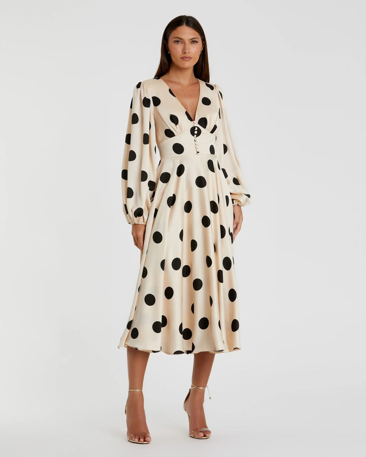 Mac Duggal 27542 Cream Black polka dot charmeuse long sleeve midi dress - front