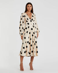 Mac Duggal 27542 Cream Black polka dot charmeuse long sleeve midi dress - front