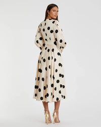 Mac Duggal 27542 Cream Black polka dot charmeuse long sleeve midi dress - back