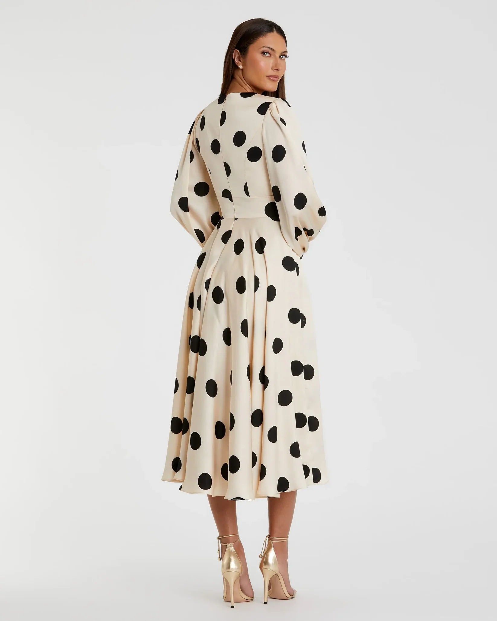 Mac Duggal 27542 Cream Black polka dot charmeuse long sleeve midi dress - back