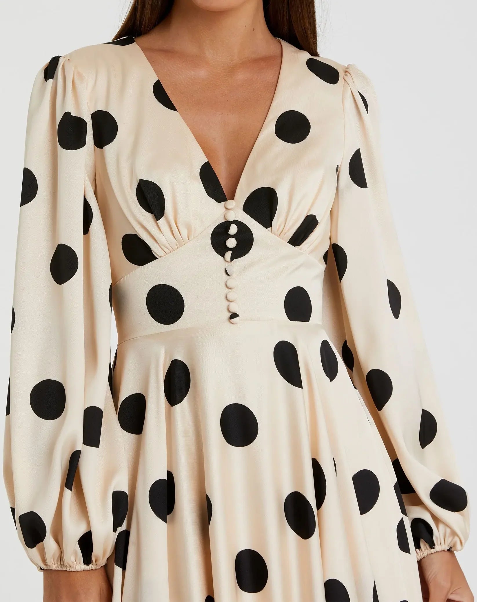 Mac Duggal 27542 Cream Black polka dot charmeuse long sleeve midi dress - detail