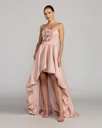 Mac Duggal Pink Strapless Satin High Low Gown with Rosettes #27554 Rose Pink